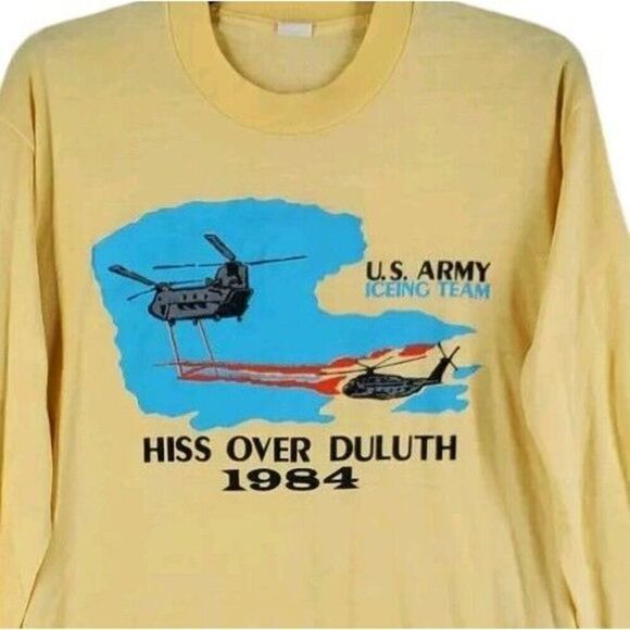 Vtg US Military Army Iceing Team LS Shirt Men XL Yellow Graphic 1984 HISS Duluth - Picture 9 of 11